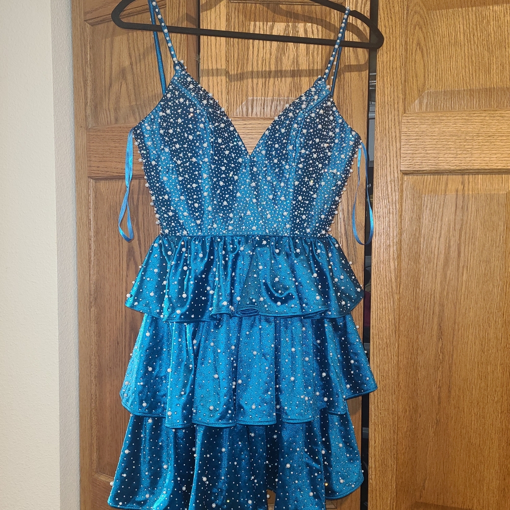 Sparkling Blue Tiered Prom Dress with Spaghetti Straps